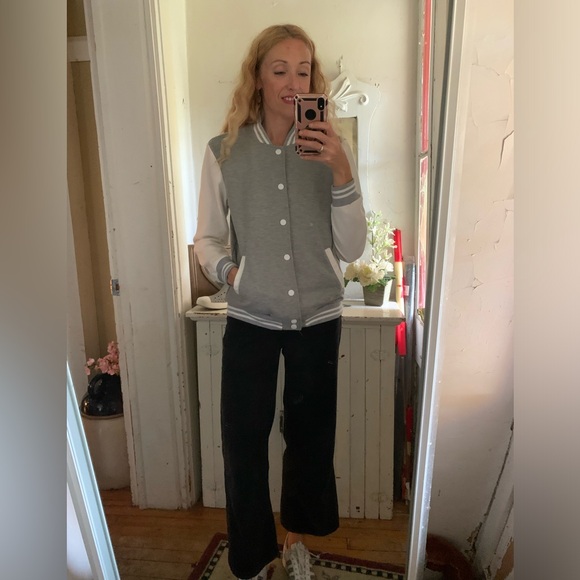 Men’s Coof Andy grey and white Varsity Bomber Jacket, size small - Picture 2 of 10